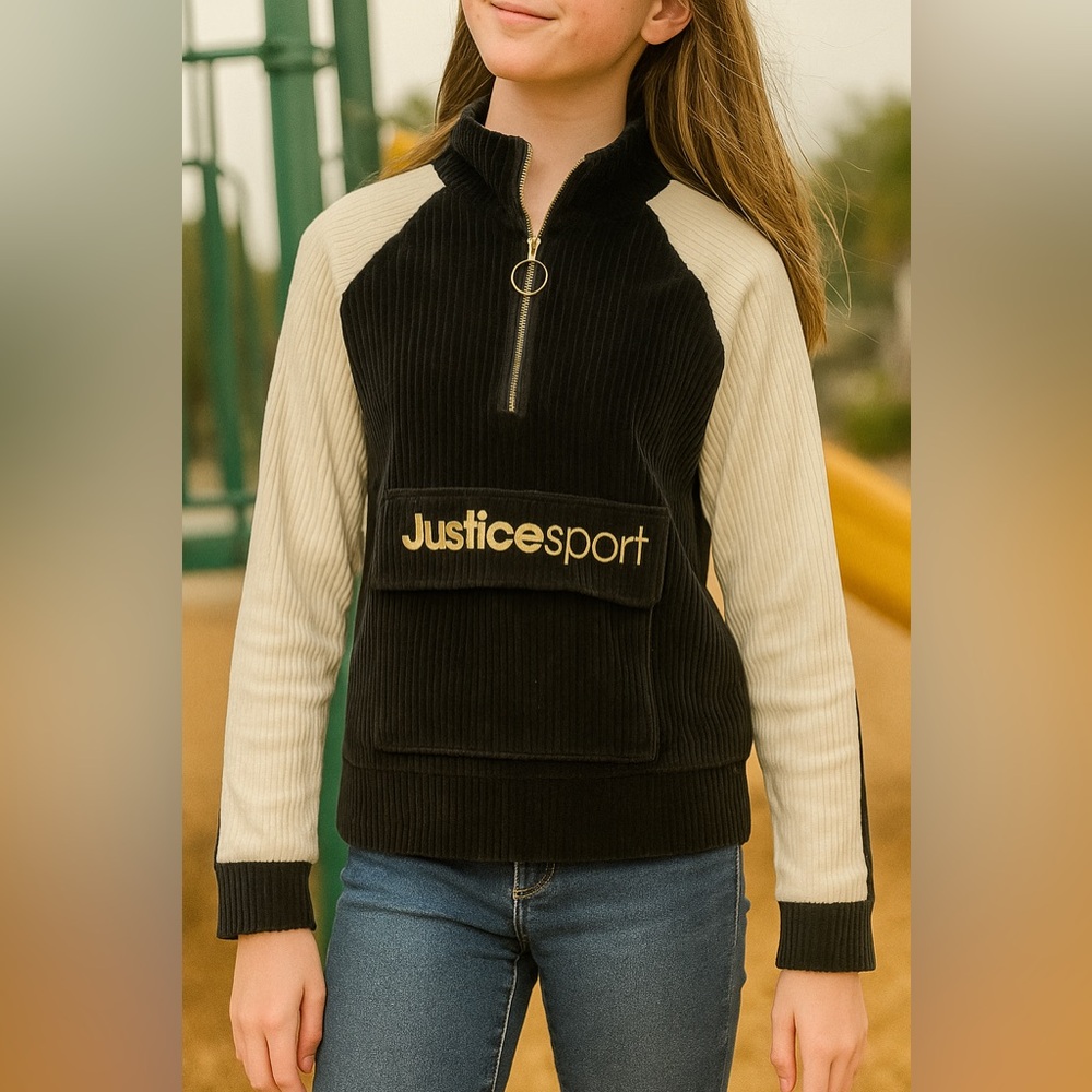 Justice Black Velour Pullover Girls Size L 12/14 Gold Logo Half Zip JusticeSport